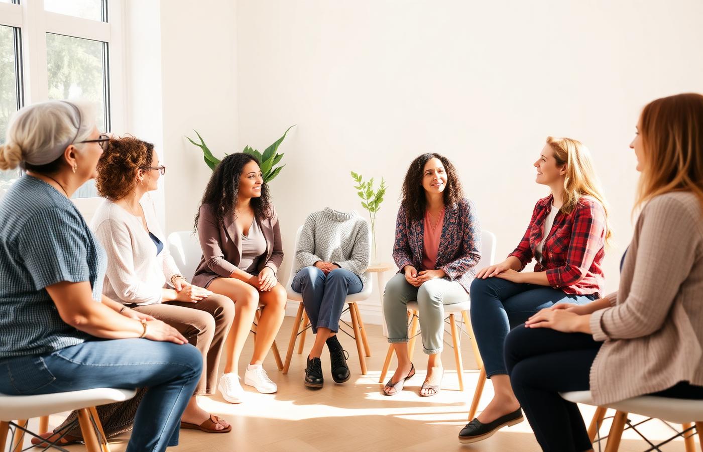 A group of therapists talking together in a bright studio space